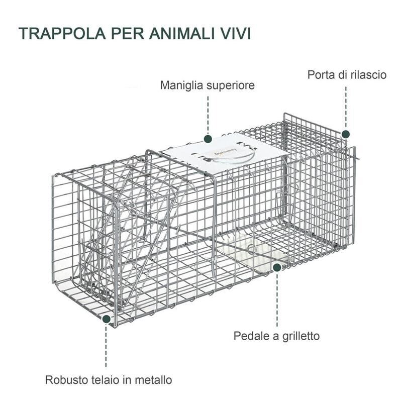 GABBIA TRAPPOLA PER ANIMALI VIVI PIEGHEVOLE IN ACCIAIO, 66X24X30.5 CM, ARGENTO