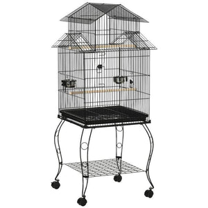 GABBIA PER UCCELLI DA INTERNI IN ACCIAIO E LEGNO CON VASSOIO, 4 RUOTE E TRESPOLO, 50X49X137CM