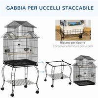 GABBIA PER UCCELLI DA INTERNI IN ACCIAIO E LEGNO CON VASSOIO, 4 RUOTE E TRESPOLO, 50X49X137CM