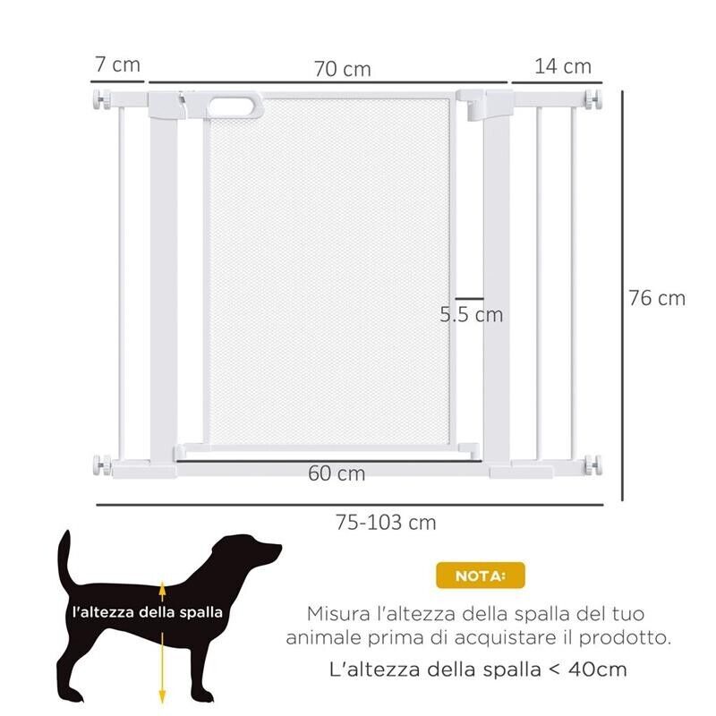 CANCELLINO PER CANI ESTENSIBILE A PRESSIONE CON CHIUSURA AUTOMATICA PER SPAZI DA 75-103CM, BIANCO