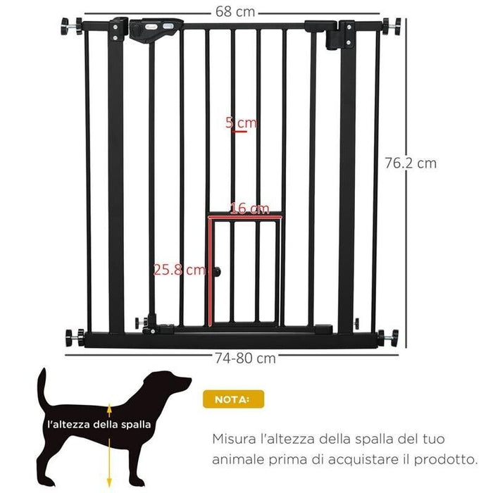 CANCELLETTO PER CANI CON FISSAGGIO A PRESSIONE, ESTENSIBILE DA 74-80CM CON CHIUSURA AUTOMATICA, NERO