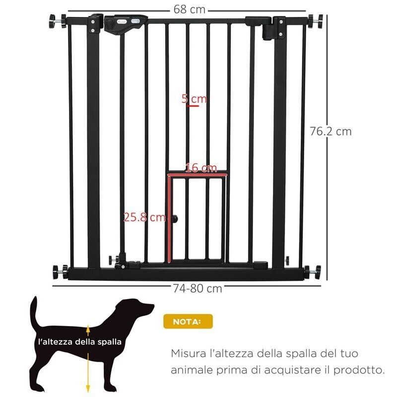 CANCELLETTO PER CANI CON FISSAGGIO A PRESSIONE, ESTENSIBILE DA 74-80CM CON CHIUSURA AUTOMATICA, NERO