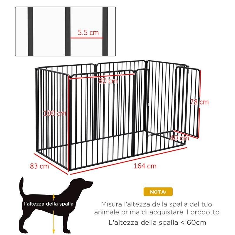 RECINTO PER CANI GRANDI A 6 PANNELLI MODULABILI IN ACCIAIO, 164X83X100 CM, NERO