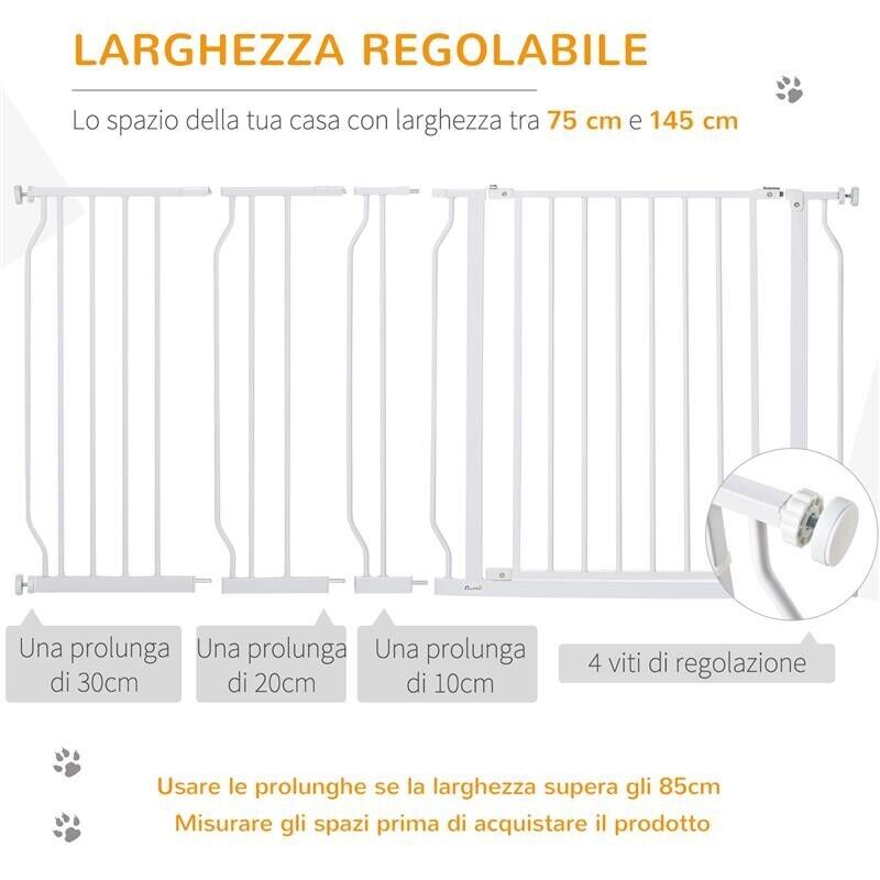 CANCELLETTO DI SICUREZZA PER CANI IN ACCIAIO E ABS, ESTENSIBILE 75-145CM PER SCALE E PORTE, BIANCO