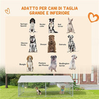RECINTO PER CANI GRANDI FINO 30KG PER ESTERNO, CON TETTO IMPERMEABILE E ANTI-UV, 4X2.3X1.5M, ARGENTO