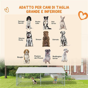 RECINTO PER CANI GRANDI FINO 30KG PER ESTERNO, CON TETTO IMPERMEABILE E ANTI-UV, 4X2.3X1.5M, ARGENTO