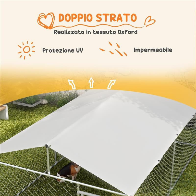 RECINTO PER CANI GRANDI FINO 30KG PER ESTERNO, CON TETTO IMPERMEABILE E ANTI-UV, 4X2.3X1.5M, ARGENTO