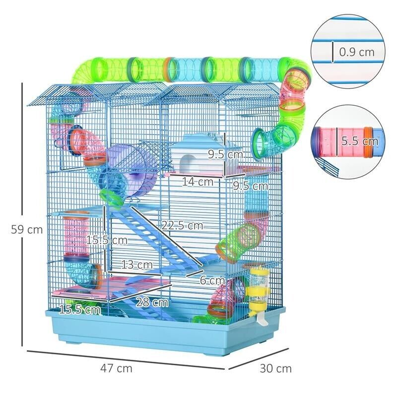 GABBIA PER CRICETI E RODITORI A 5 PIANI CON TUBI COLORATI, RUOTA, CASETTA E ACCESSORI INCLUSI, BLU, 47X30X59CM