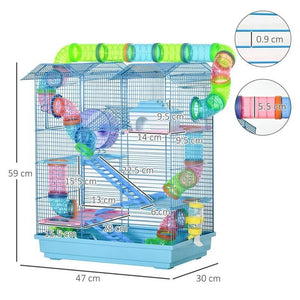 GABBIA PER CRICETI E RODITORI A 5 PIANI CON TUBI COLORATI, RUOTA, CASETTA E ACCESSORI INCLUSI, BLU, 47X30X59CM