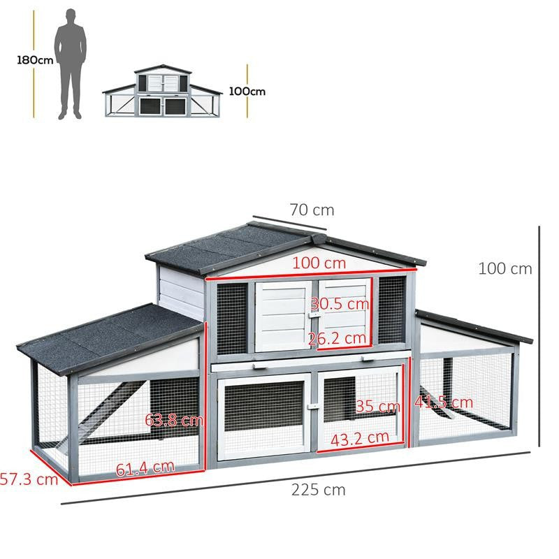 CONIGLIERA DA ESTERNO IN LEGNO E METALLO, GABBIA PER 2-3 CONIGLI O RODITORI, GRIGIA E BIANCA 225X70X100CM