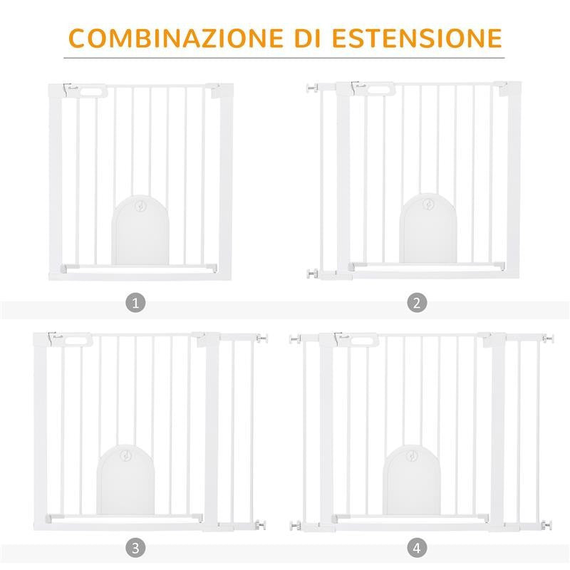 CANCELLINO PER CANI REGOLABILE CON PORTA PICCOLA E CHIUSURA AUTOMATICA, 75-103X76CM, BIANCO