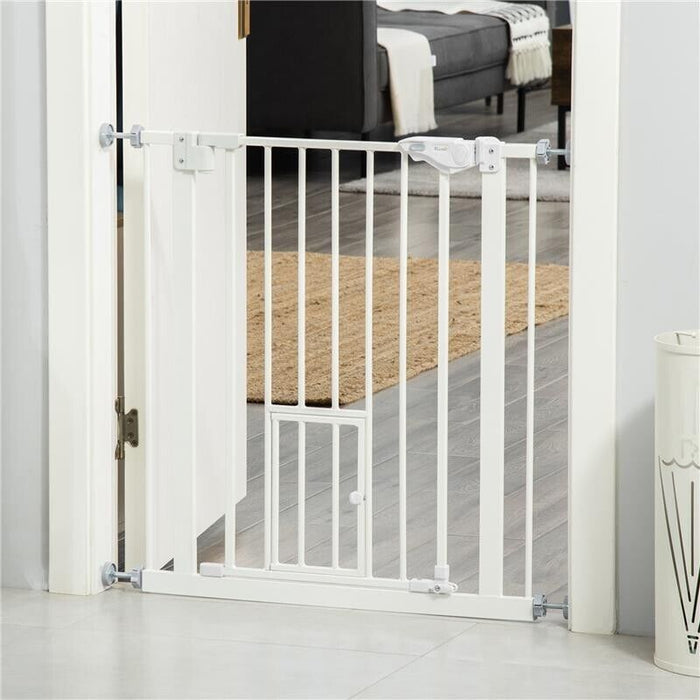 CANCELLINO PER CANI CON PORTA PICCOLA, MONTAGGIO A PRESSIONE E CHIUSURA AUTOMATICA, 74-80X76.2CM, BIANCO