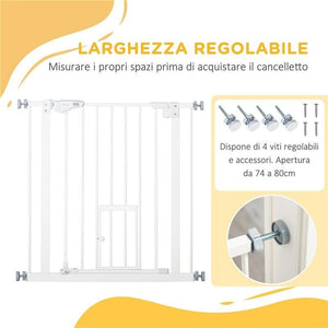 CANCELLINO PER CANI CON PORTA PICCOLA, MONTAGGIO A PRESSIONE E CHIUSURA AUTOMATICA, 74-80X76.2CM, BIANCO