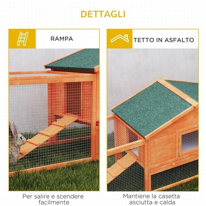 CONIGLIERA DA ESTERNO CON CASETTA, RAMPE E 2 RECINTI IN LEGNO, 309X69.5X87CM, ARANCIONE