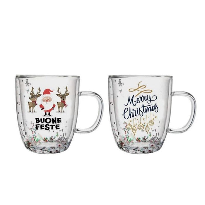 MA MAISON SET 2 TAZZE NATALIZIE IN VETRO TRASPARENTE DOUBLE WALL 350 CC L'UNA FANTASIA ASSORTITA