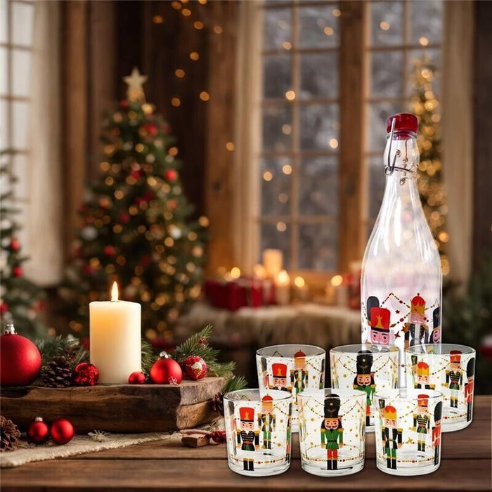 MA MAISON SET BOTTIGLIA 1 LT IN VETRO + 6 BICCHIERI CON SOLDATINI NATALIZI