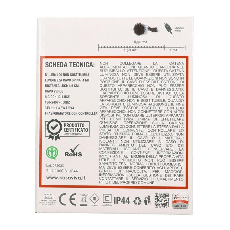 HIGH-TECH FILO A 100 LED LUCE BIANCA CALDA DA 8.50 METRI