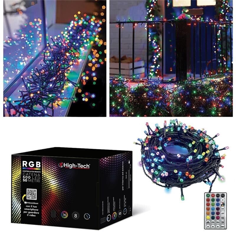 HIGH-TECH FILO RGB CON CATENA DA 500 LUCI LED 50 METRI CON CONTROLLO DA REMOTO MULTICOLORE