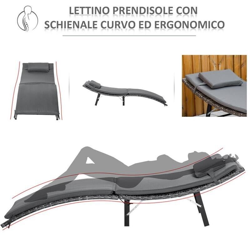 LETTINI PRENDISOLE RICHIUDIBILI CON CUSCINI RIMOVIBILI E TAVOLINO PIEGHEVOLE, SET 3 PZ IN RATTAN, GRIGIO