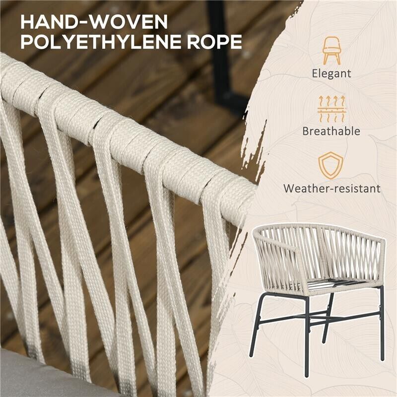 SET 2 SEDIE DA GIARDINO IN STILE BOHO CON RIVESTIMENTO IN CORDA E CUSCINI IMBOTTITI, GRIGIO