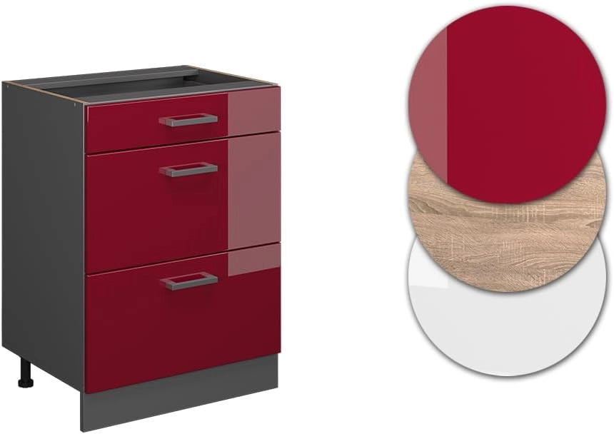 Mobiletto base per cucina R-Line, Rosso lucido, 60 cm con cassetti, senza piano di lavoro, per la libera combinazione all'interno di sistemi cucina modulari