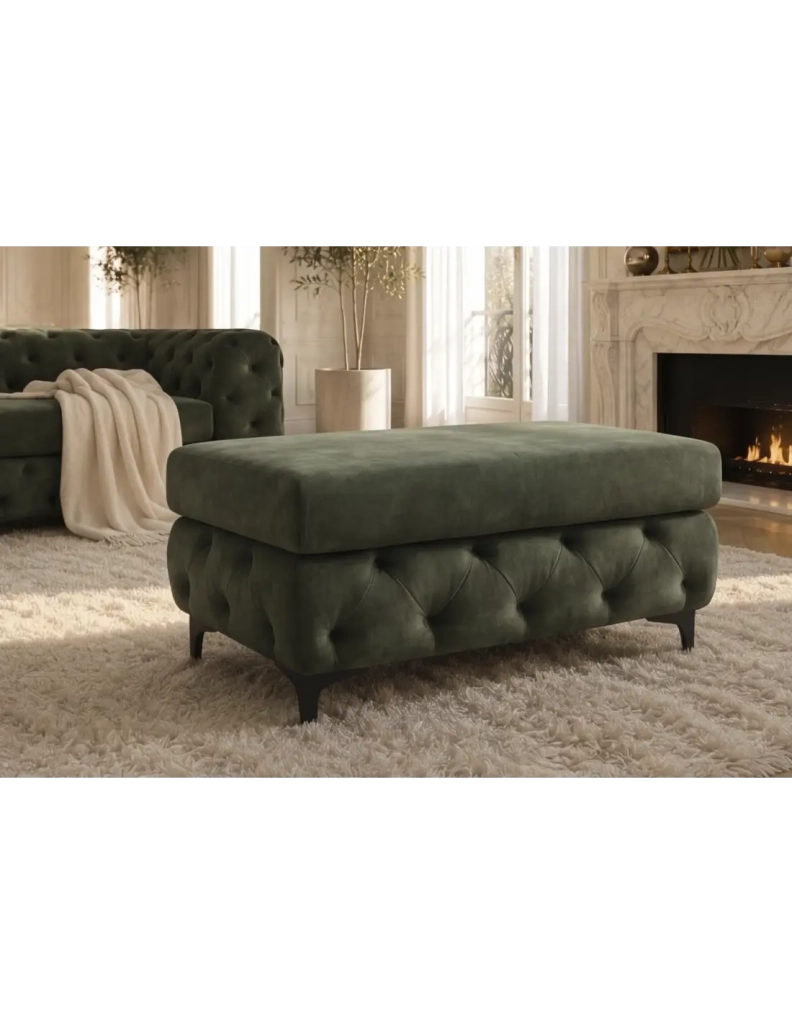 Pouf VELENA in velluto trapuntato – Verde scuro – 95 x 49 x 62 cm