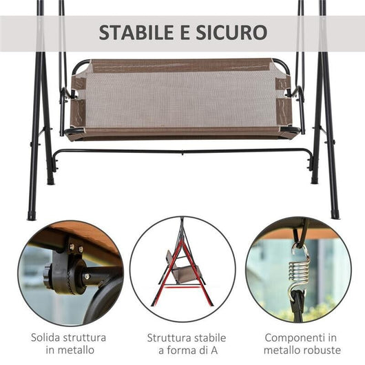 DONDOLO DA GIARDINO 3 POSTI CON TETTUCCIO REGOLABILE 172X110X155CM MARRONE