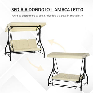 DONDOLO DA GIARDINO 3 POSTI CON TETTUCCIO REGOLABILE, IN METALLO E TESSUTO TESLIN, BEIGE E NERO