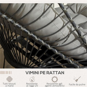 POLTRONA SOSPESA IN RATTAN PE CON CUSCINO, SEDUTA PIEGHEVOLE E STRUTTURA IN ACCIAIO, GRIGIO