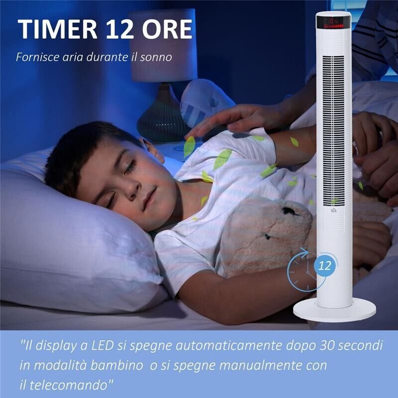 VENTILATORE A COLONNA CON 3 VELOCITÀ E 4 MODALITÀ, TIMER DI 12 H, PANNELLO LED E TELECOMANDO, BIANCO