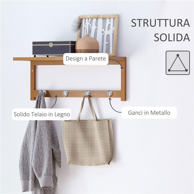 ATTACCAPANNI A MENSOLA DA PARETE IN BAMBÙ 50X17X20 CM COLORE NATURALE