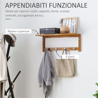 ATTACCAPANNI A MENSOLA DA PARETE IN BAMBÙ 50X17X20 CM COLORE NATURALE