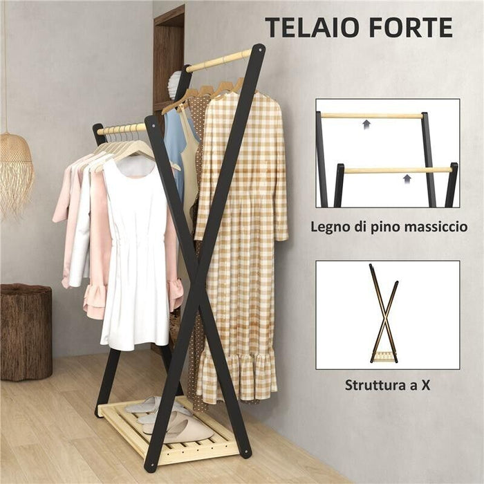 APPENDIABITI DA TERRA IN LEGNO CON 2 BARRE E RIPIANO INFERIORE DESIGN MODERNO, 61X45X152CM