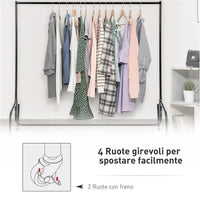 STENDER RELLA PORTA ABITI CON 4 ROTELLE IN FERRO, 150X60X150CM