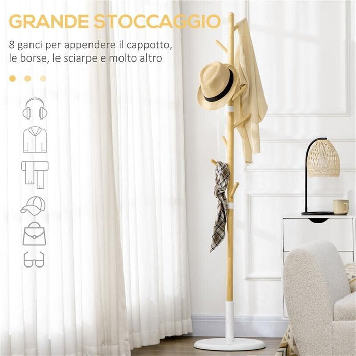 ALBERO APPENDIABITI A 8 GANCI CON BASE ROTONDA IN BAMB¨, LEGNO E METALLO, Ï37.8X175.6 CM, COLOR LEGNO E BIANCO