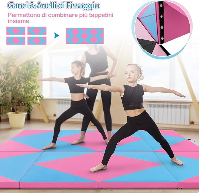 Tappetino Ginnastica Pieghevole 240 CM, Tappetino Fitness con Maniglie e Chiusure a Strappo per Stretching, Yoga, Arti Marziali da Casa e Palestra