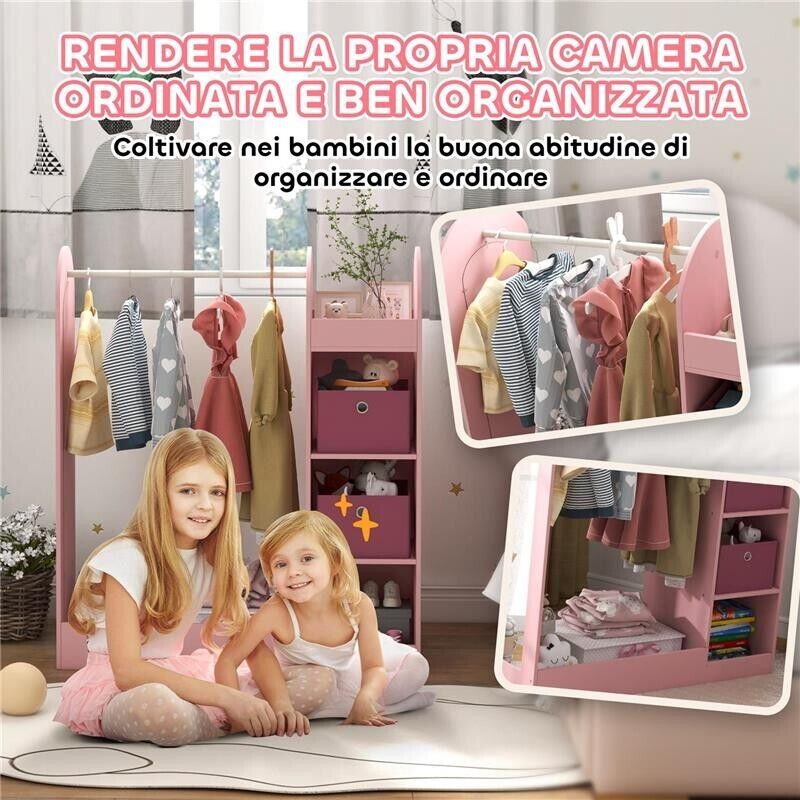 APPENDIABITI PER BAMBINI CON RIPIANI, SCATOLE E SPECCHIO IN LEGNO, ROSA