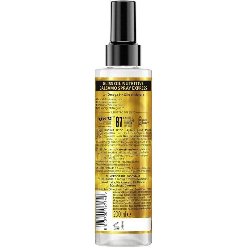 SCHWARZKOPF GLISS OIL NUTRITIVE BALSAMO SPRAY 200 ML CON OMEGA 9 E OLIO DI MARULA SENZA RISCIACQUO E TERMOPROTETTORE