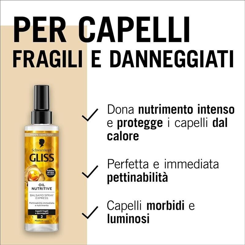 SCHWARZKOPF GLISS OIL NUTRITIVE BALSAMO SPRAY 200 ML CON OMEGA 9 E OLIO DI MARULA SENZA RISCIACQUO E TERMOPROTETTORE