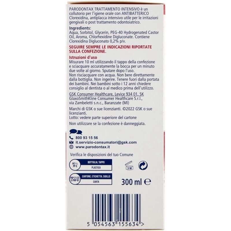 PARODONTAX COLLUTORIO CLOREXIDINA AZIONE ANTIBATTERICA E ANTIPLACCA PER IGIENE DENTALE USO QUOTIDIANO 300 ML