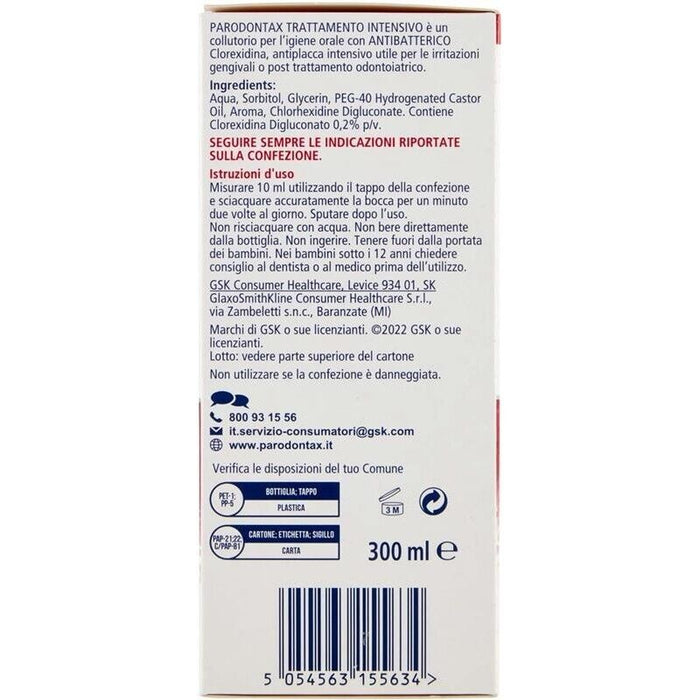 PARODONTAX COLLUTORIO CLOREXIDINA AZIONE ANTIBATTERICA E ANTIPLACCA PER IGIENE DENTALE USO QUOTIDIANO 300 ML