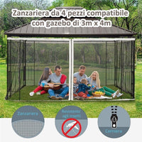 ZANZARIERA PER GAZEBO 3X4M CON CERNIERE E ANELLI, PANNELLI DA 352X207CM - NERO/BEIGE