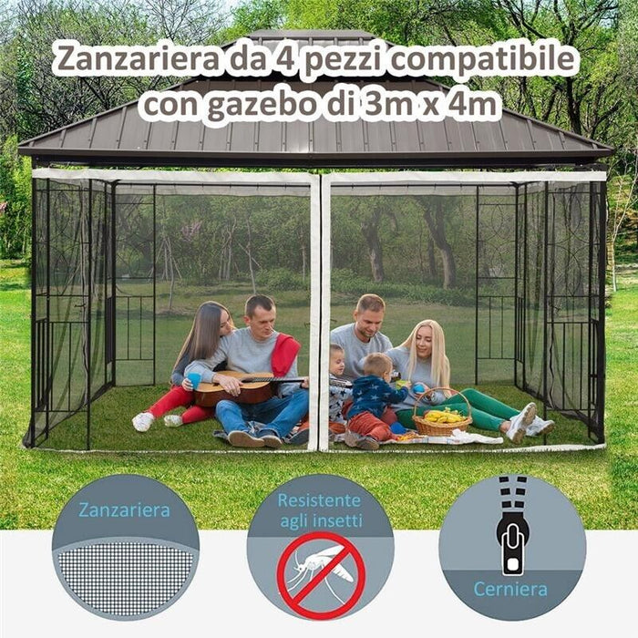 ZANZARIERA PER GAZEBO 3X4M CON CERNIERE E ANELLI, PANNELLI DA 352X207CM - NERO/BEIGE