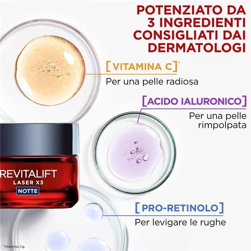 L'ORÉAL PARIS MASCHERA ANTI-ETÀ NOTTE DERMO EXPERTISE SOIN REVITALIFT LASER X3 CREMA-CON ACIDO IALURONICO, 50 ML