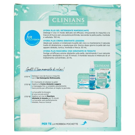 CLINIANS HYDRA PLUS COFANETTO REGALO PELLI MISTE GEL DETERGENTE 150 ML + CREMA IDRATANTE 50 ML + MASCHERA VISO 22 ML