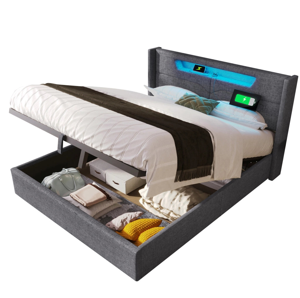 Letto imbottito 160x200 cm con contenitore; LED e ricarica USB Type C in lino grigio