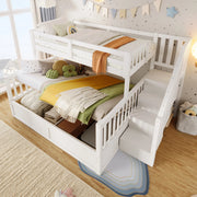 Letto a castello con vano contenitore idraulico e scala con vani; 90x200 + 140x200 cm; pino; bianco