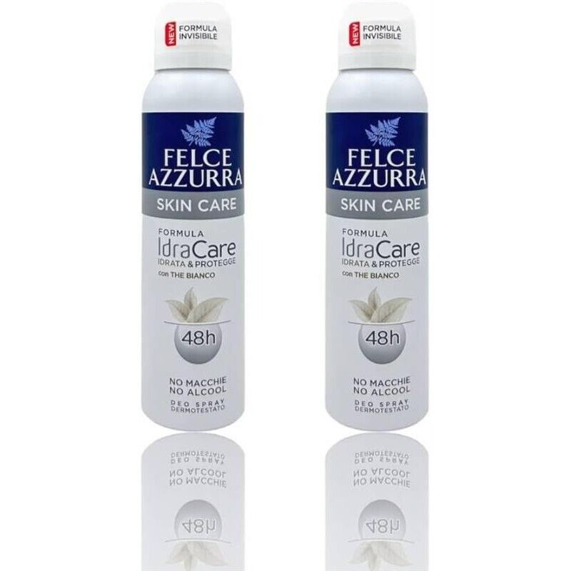 FELCE AZZURRA DEODORANTE 2 PZ SPRAY SKIN CARE CON THE BIANCO FORMULA IDRATALC EFFICACIA 48 ORE 150 ML L'UNO ANTIMACCHIA