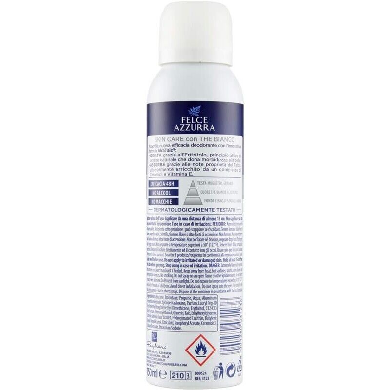 FELCE AZZURRA DEODORANTE 2 PZ SPRAY SKIN CARE CON THE BIANCO FORMULA IDRATALC EFFICACIA 48 ORE 150 ML L'UNO ANTIMACCHIA