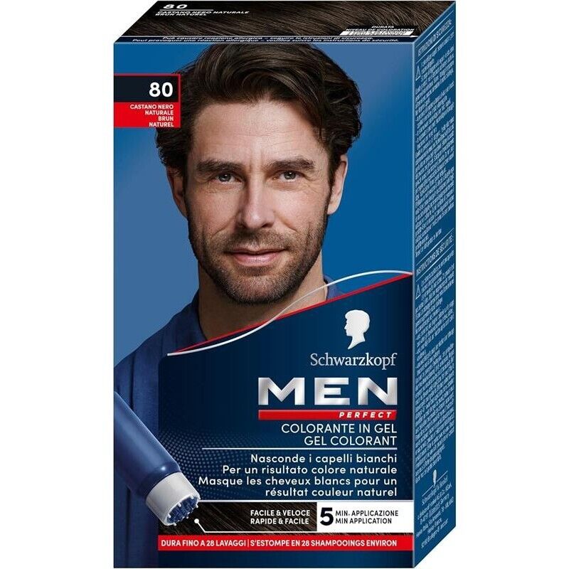 SCHWARZKOPF MEN PERFECT TINTA PER CAPELLI GEL PER UOMO EFFETTO NATURALE DURA 28 SHAMPOO N 80 CASTANO NERO NATURALE